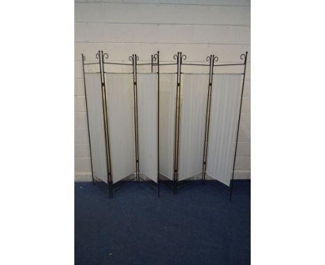 TWO METAL AND FABRIC THREE FOLD FLOORSTANDING SCREEN, length 150cm x height 182cm (Sd) along with a Victorian walnut commode 