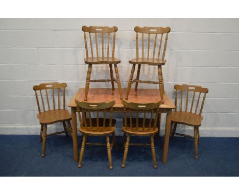 A BEECH AND TILE TOPPED KITCHEN TABLE, length 119cm x depth 74cm x 75cm and six chairs (Sd to finish) (7)