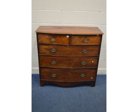 A GEORGIAN MAHOGANY BOWFRONT CHEST OF TWO SHORT OVER THREE LONG GRADUATED DRAWERS, on bracket feet, width 106cm x depth 48cm 