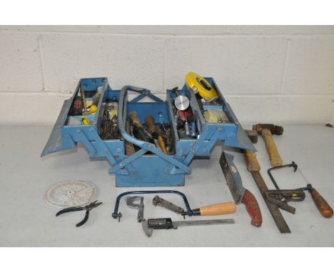 A METAL CANTILEVER TOOLBOX CONTAINING TOOLS including a Moore and Wright Micrometer, a Damaged Digital Vernier caliper, drill