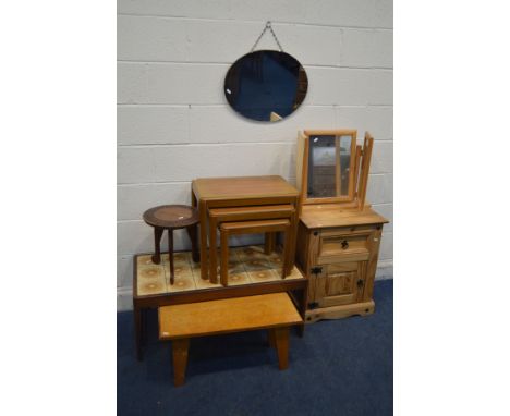 A TEAK TILE TOP COFFEE TABLE, length 96cm x depth 50cm x height 40cm, a teak finish nest of three tables, carved mahogany occ