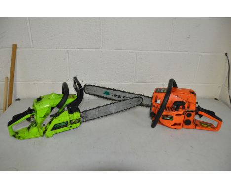 A TIMBERWOLF 5800 CHAINSAW with a 50cm cut ( engine is tight to pull hasn't been started) and a LTS UK CT 0218 Chainsaw with 