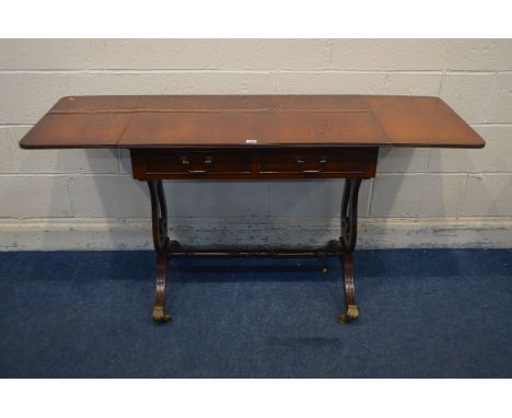 A REPRODUCTION YEWWOOD SOFA TABLE, with two drawers, open length 150cm x closed length 89cm x depth 51cm x height 77cm