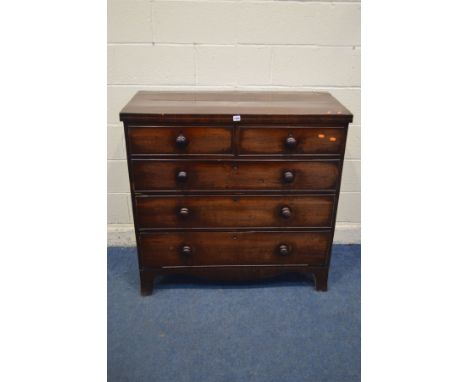 A GEORGIAN MAHOGANY CHEST OF TWO SHORT AND THREE LONG GRADUATED DRAWERS, with turned handles on bracket feet, width 109cm x d