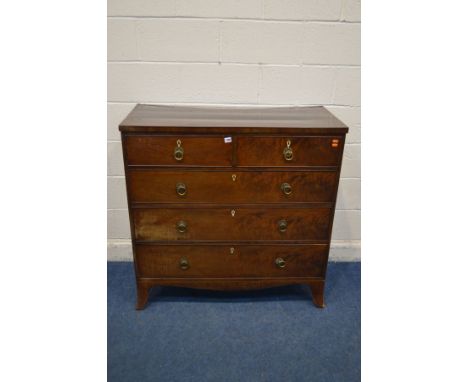 A GEORGIAN MAHOGANY AND STRUNG INLAID CHEST OF TWO SHORT AND THREE LONG GRADUATED DRAWERS, later brass handles, on splayed br