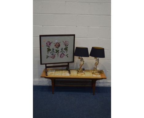 A PAIR OF LAURA ASHLEY DECORATIVE BRASSED TABLE LAMPS with shades, along with a tile topped coffee table and a needlework til