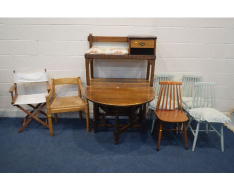 AN OAK TELEPHONE SEAT/TABLE, along with a beech rush seated armchair, director's chair, four spindle back chairs with three p