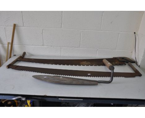 THREE VINTAGE TOOLS including two 2 handed crosscut saws and a Hay harvesting tool (3)