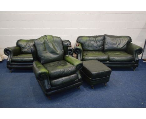 A THOMAS LLOYD GREEN LEATHER FOUR PIECE LOUNGE SUITE, comprising two two seater settee's, length 190cm, one settee with loose