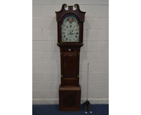 A GEORGE III OAK, MAHOGANY AND INLAID EIGHT DAY LONGCASE CLOCK, swan neck pediment, turned pillar flanking a glazed door, enc