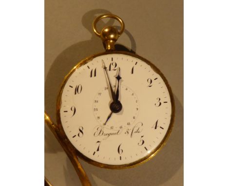 A C19th 18 ct gold fob watch with enamel dial and engraved floral surround and shell back D5.5cm (AF)