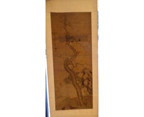 A Chinese C19th Ming style scroll depicting mountainous scene with cherry blossom tree, prunus, birds and two finely painted 