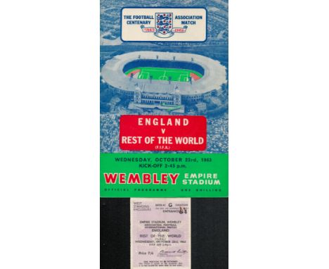 Football. Captain Jimmy Armfield Signed England Vs Rest of the World Matchday Programme. Included is a Ticket Stub From Octob
