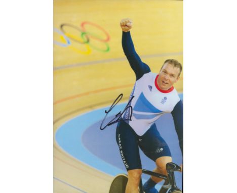 Cycling Chris Hoy signed 12x8 colour photo pictured celebrating at the 2012 London Olympics. Sir Christopher Andrew Hoy MBE (