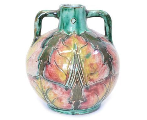 Della Robbia Ovoid Twin Handled Vase by CL Della Robbia ovoid twin handled vase by CL, incised leaf decoration in yellow and 