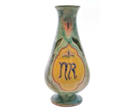 Della Robbia Vase Della Robbia baluster-shaped vase, green ground with a central yellow cartouche with 'NR' initials under a 