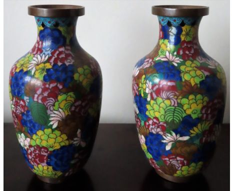 Pair of vintage Oriental floral decorated cloisonne vases. Approx. 17cms H

reasonable used condition 