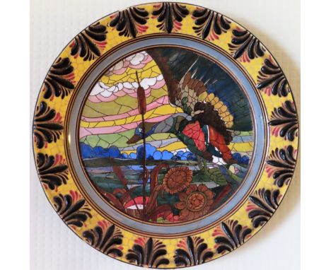 Large hand painted ceramic circular wall Italian plaque, depicting a mallard in flight, signed B. Rossi, Savona. Approx. 42cm