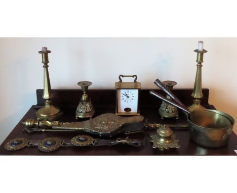 Quantity of brassware Inc. candlesticks, fireside tools, mantle clock, inkwell, etc

all used and unchecked 