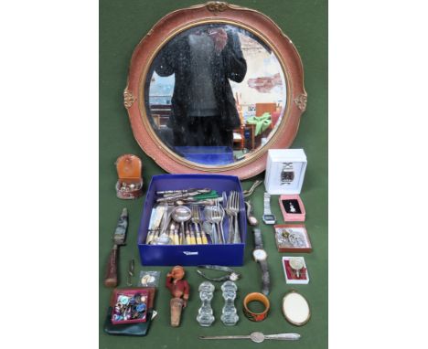 Sundry lot Inc. gilded wall mirror, flatware, clock, dagger, costume jewellery, etc

all used and unchecked 