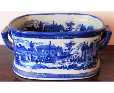 Large VictoriaWare Ironstone blue and white country style ceramic two handled planter. Approx. 21 x 48cms

reasonable used co