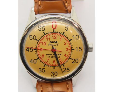 HMT Parashock 17 jewel mechanical pilot wristwatch with seconds hand on a brown leather strap. P&amp;P Group 1 (£14+VAT for t