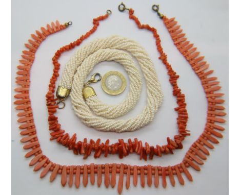 Antique coral necklace and a pearl example.  P&amp;P Group 1 (£14+VAT for the first lot and £1+VAT for subsequent lots) 