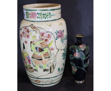 19thC enamelled and painted glazed stoneware vase, H: 25 cm, and a small Cloisonne vase. P&P Group 2 (£18+VAT for the first l