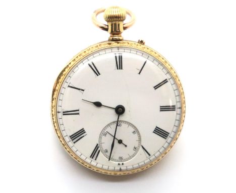 18ct gold fob watch in good working order, white enamel dial with Roman numerals and subsidiary seconds dial, case engraved w