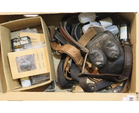 Mixed rifle accessories including a weighted rifle rest, leather slings, new old fittings etc. P&amp;P Group 3 (£25+VAT for t