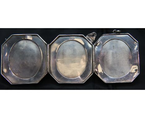 Silver folding three section photo frame with loop for attachment for carrying. P&amp;P Group 1 (£14+VAT for the first lot an