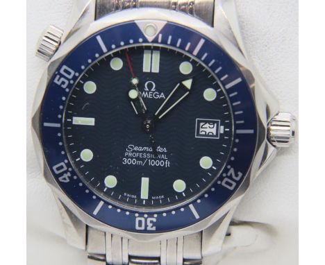 Omega mid size Seamaster Professional 300M quartz wristwatch in steel, with a blue-wave dial, blue bezel and steel bracelet, 