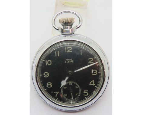 Smiths Empire chromium cased black dial pocket watch with luminous hands and subsidiary seconds dial, dial D: 42 mm. P&amp;P 