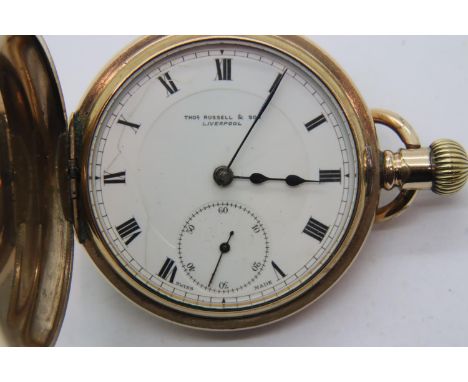 Thomas Russell & Co Liverpool full hunter gold plated pocket watch. P&P Group 1 (£14+VAT for the first lot and £1+VAT for sub