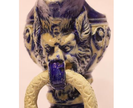 Late 19thC German ceramic ewer, possibly Eichwald, H: 49 cm. Not available for in-house P&amp;P, contact Paul O'Hea at Mailbo