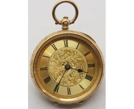 14ct gold fob watch with gold face. P&P Group 1 (£14+VAT for the first lot and £1+VAT for subsequent lots)Condition Report: T