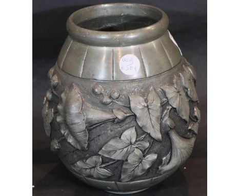 Arts and crafts pewter vase, H: 18 cm, W: 15 cm. P&amp;P Group 2 (£18+VAT for the first lot and £3+VAT for subsequent lots) 