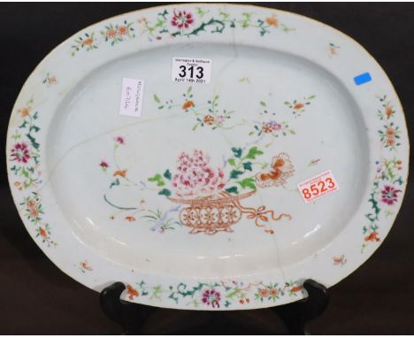 Early Chinese enamelled and painted large platter with base unglazed, 32 x 40 cm. P&amp;P Group 3 (£25+VAT for the first lot 