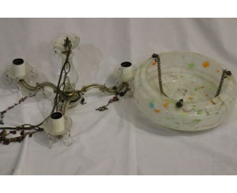 1920s three branch glass chandelier with an Art Deco mottled glass light shade, D: 37 cm. Not available for in-house P&amp;P,