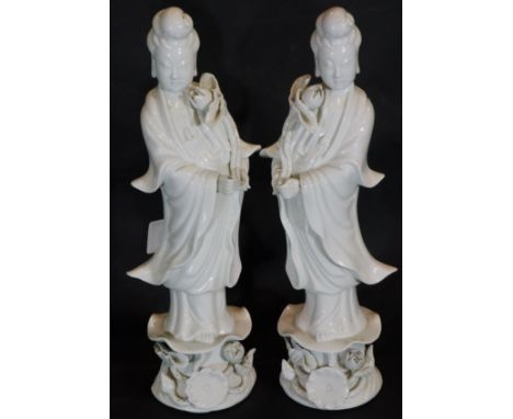 Pair of Oriental Blanc De Chine glazed figurines, each with red stamp to base, H: 25 cm. P&P Group 2 (£18+VAT for the first l