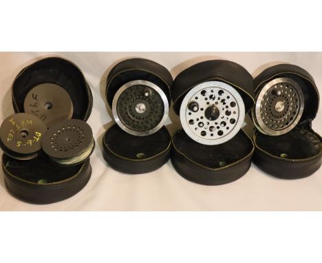 Four Hardy fishing reel cases with non Hardy contents. P&amp;P Group 2 (£18+VAT for the first lot and £3+VAT for subsequent l
