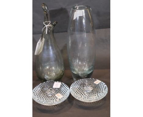 Four items of Holmegaard glass, being a pair of candlesticks and two vases, tallest H: 24 cm. P&amp;P Group 3 (£25+VAT for th