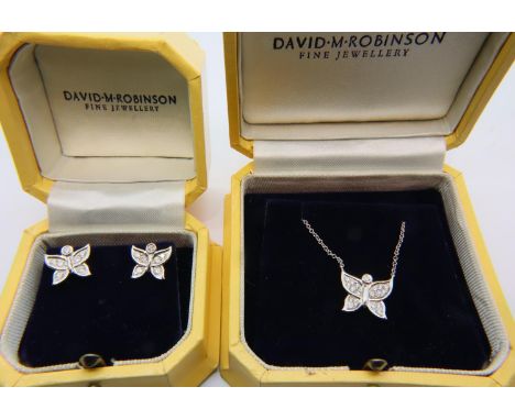 18ct white gold and diamond pendant and earrings set in the form of butterflies by David Robinson, 9.9g. P&amp;P Group 1 (£14