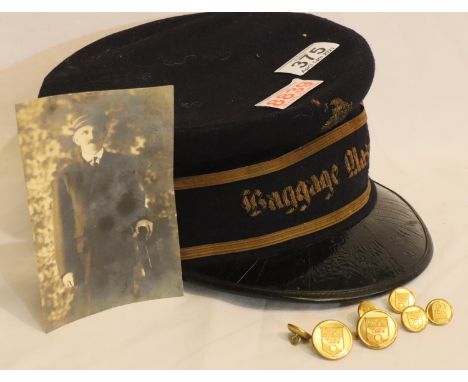 Canadian Pacific interest, an embroidered baggage master visor cap, seven mixed uniform buttons and a photograph of the bagga