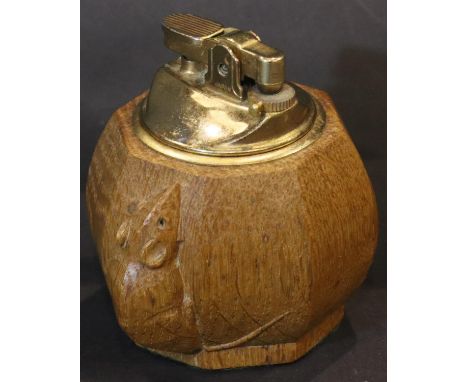 Robert Mouseman Thompson, an octagonal teak  table lighter with carved mouse to the body, H: 8 cm. P&amp;P Group 1 (£14+VAT f