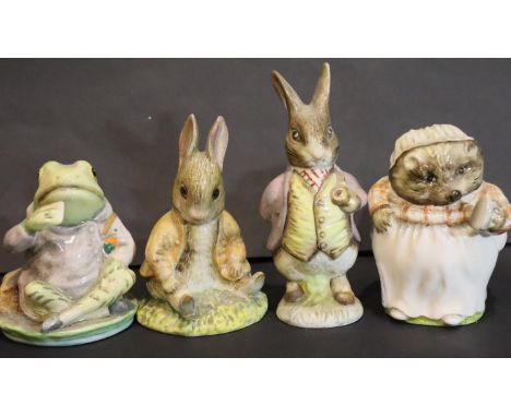 Four Royal Albert Beatrix Potter ceramic figurines including Benjamin Bunny, Mrs Tiggywinkle and Jeremy Fisher. P&amp;P Group