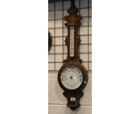 Victorian oak framed aneroid barometer with thermometer. Not available for in-house P&amp;P, contact Paul O'Hea at Mailboxes 