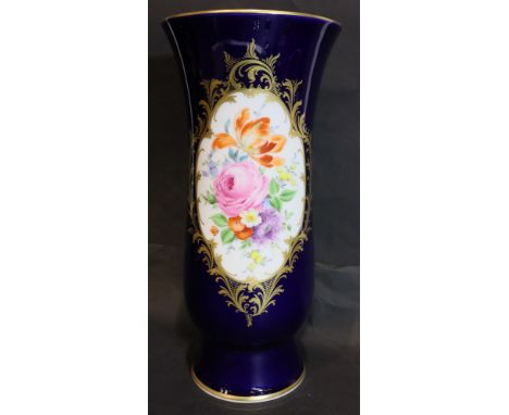 Meissen, a large blue ground vase with floral and gilt painted pane, H: 29 cm. P&P Group 3 (£25+VAT for the first lot and £5+