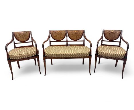 Edwardian Sheraton Revival inlaid mahogany parlour suite, comprising a two-seater settee and two matching armchairs, each wit