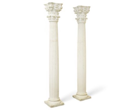 Pair of cast composite Corinthian architectural columns, the Corinthian capital decorated with scrolls and curled acanthus le